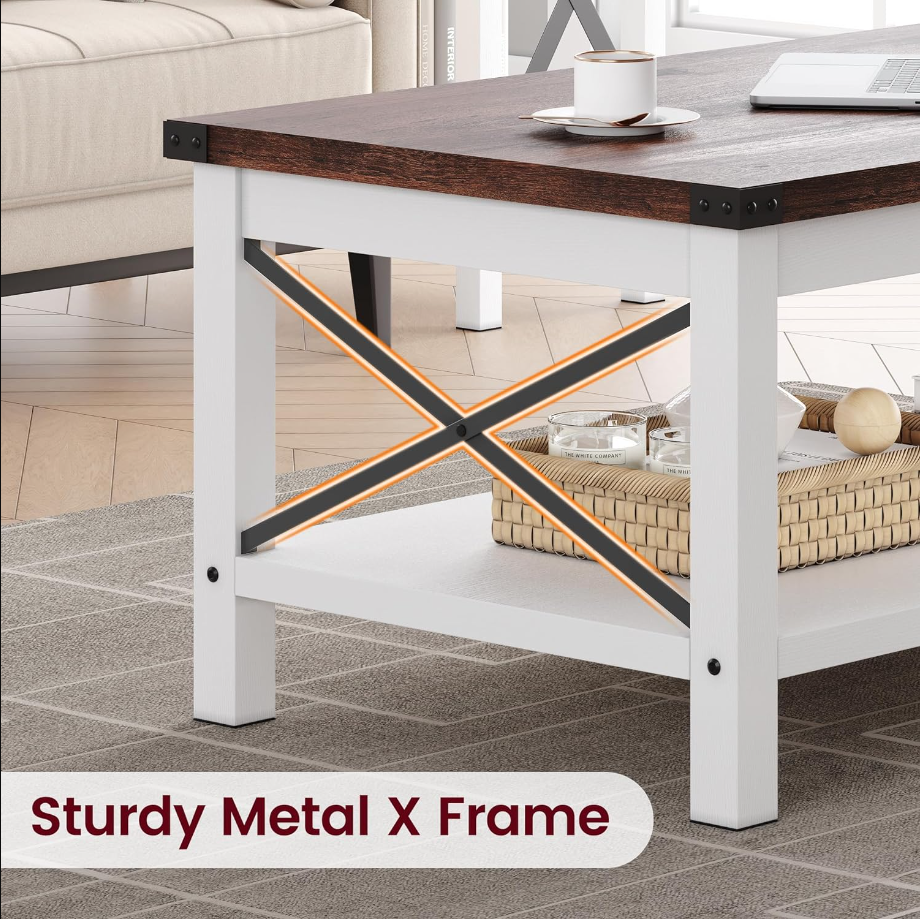 Coffee Table Farmhouse Center Table Living Room 2-Tier Rustic Cocktail Table Rectangle Wood Look Tea Table with Shelf and X Metal Frame, Easy Assembly