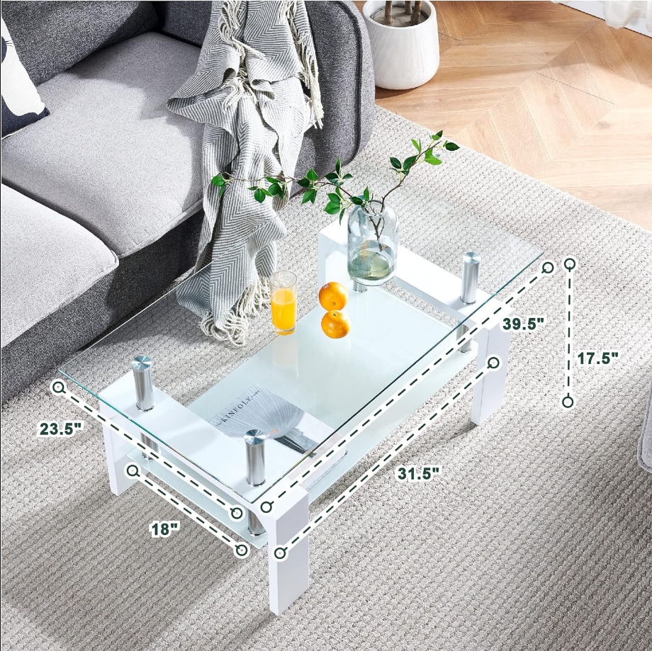 Living Room Rectangle Coffee Table, Tea Table Suitable for Waiting Room, Modern Side Coffee Table with Wooden Leg, Glass Tabletop with Lower Shelf, 39.5*23.5*17.5 inches , White