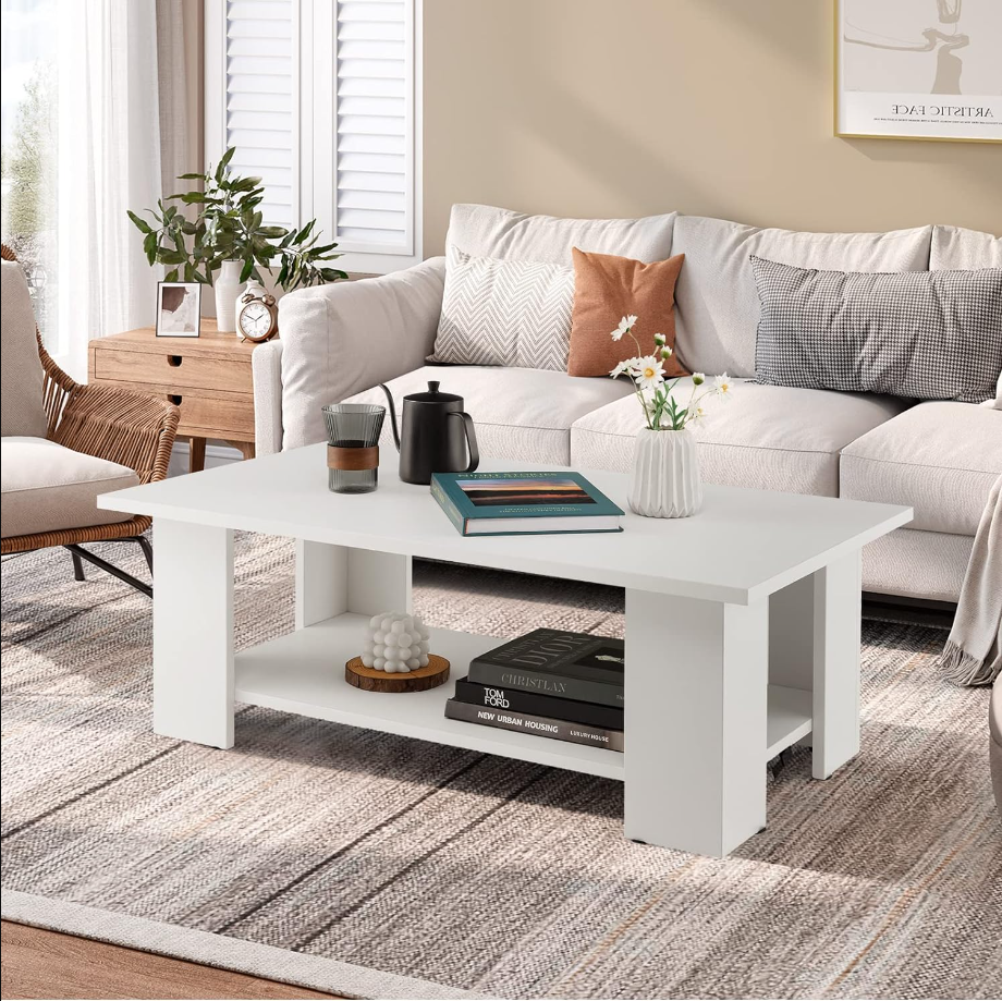 Rectangle Wood Center Table, 36" L 2-Tier Large Modern Tea Table w/Open Compartment, Easy Assembly, Accent Coffee Table for Living Room, Reception Room, White