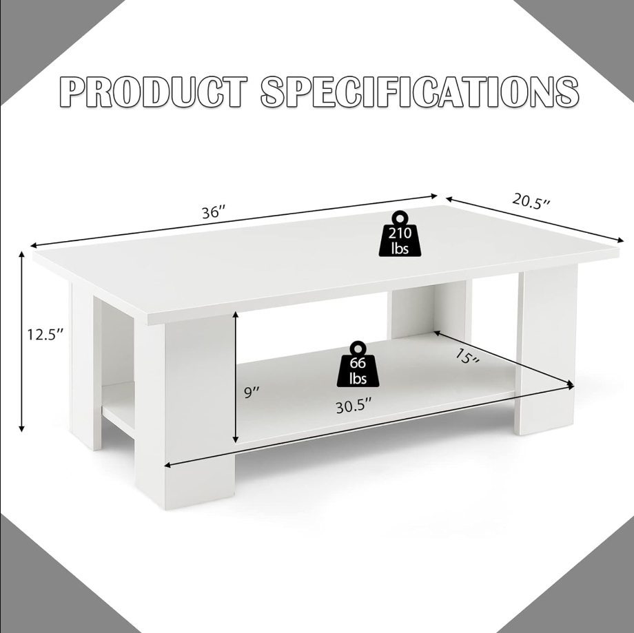 Rectangle Wood Center Table, 36" L 2-Tier Large Modern Tea Table w/Open Compartment, Easy Assembly, Accent Coffee Table for Living Room, Reception Room, White