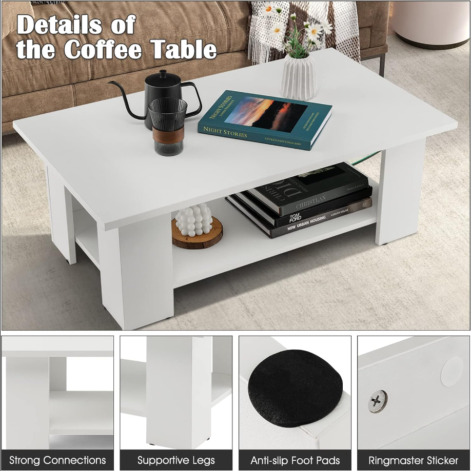 Rectangle Wood Center Table, 36" L 2-Tier Large Modern Tea Table w/Open Compartment, Easy Assembly, Accent Coffee Table for Living Room, Reception Room, White