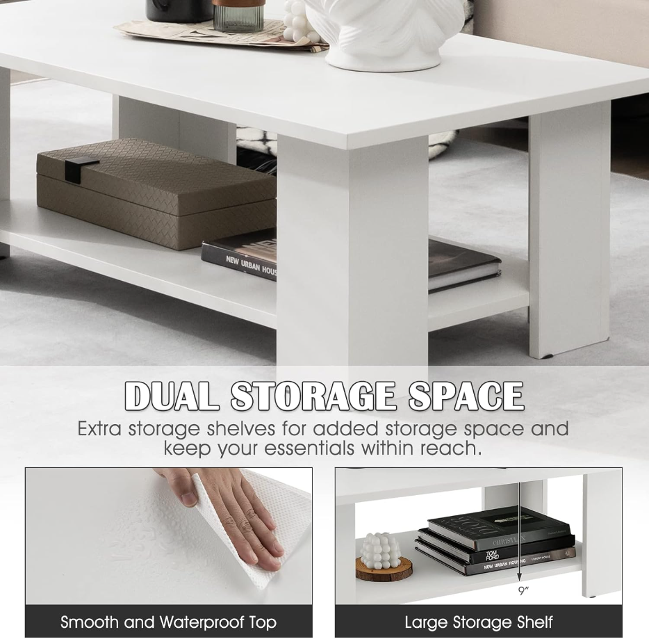 Rectangle Wood Center Table, 36" L 2-Tier Large Modern Tea Table w/Open Compartment, Easy Assembly, Accent Coffee Table for Living Room, Reception Room, White
