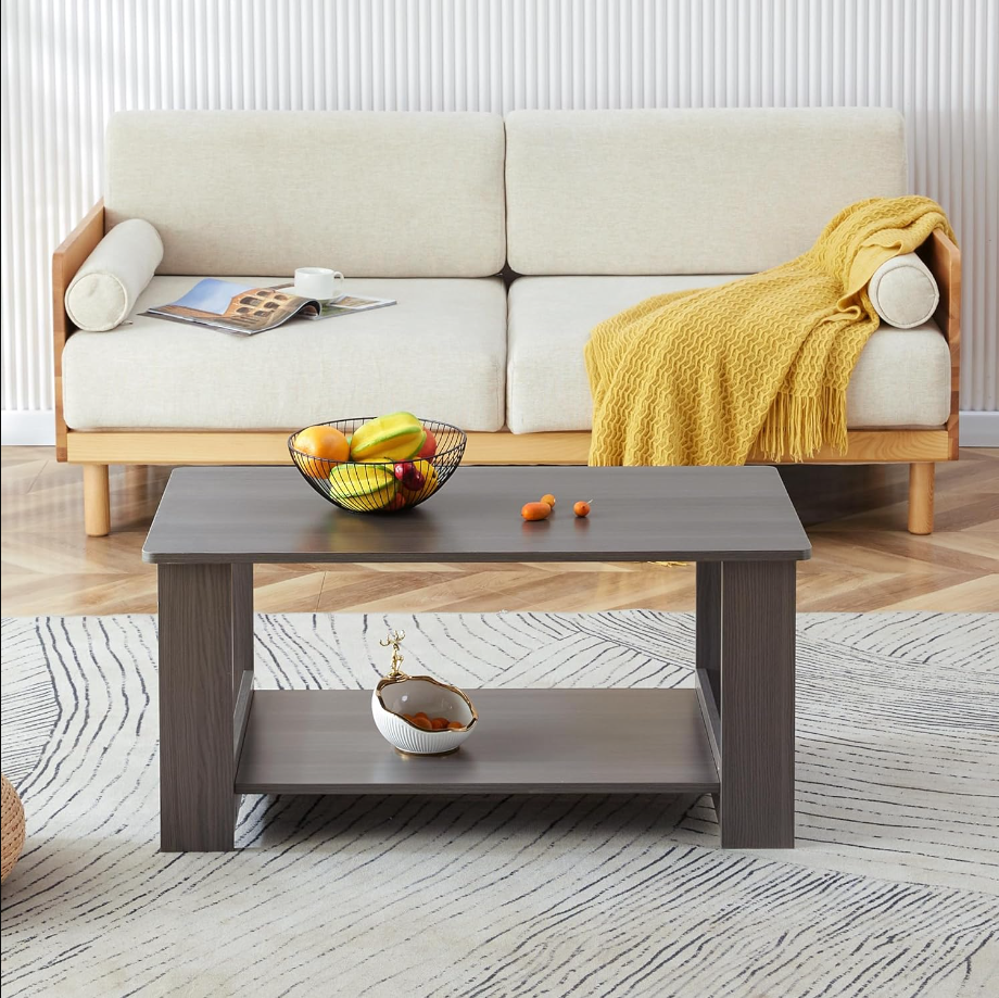 Modern Minimalist Gray Wood Grain Double Layered Rectangular Coffee Table, Tea Table with Storage Shelf, 2-Tier Sofa Side Table Coffee Table Living Room Furniture (Gray, 43.3'')