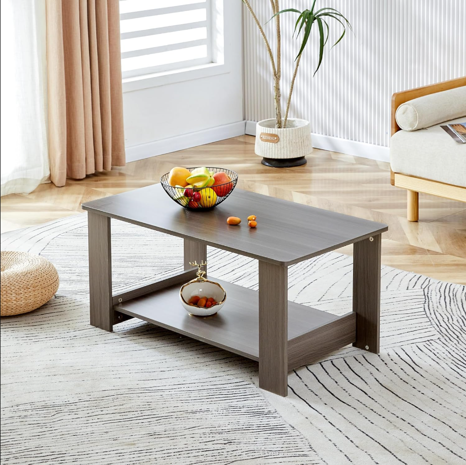 Modern Minimalist Gray Wood Grain Double Layered Rectangular Coffee Table, Tea Table with Storage Shelf, 2-Tier Sofa Side Table Coffee Table Living Room Furniture (Gray, 43.3'')