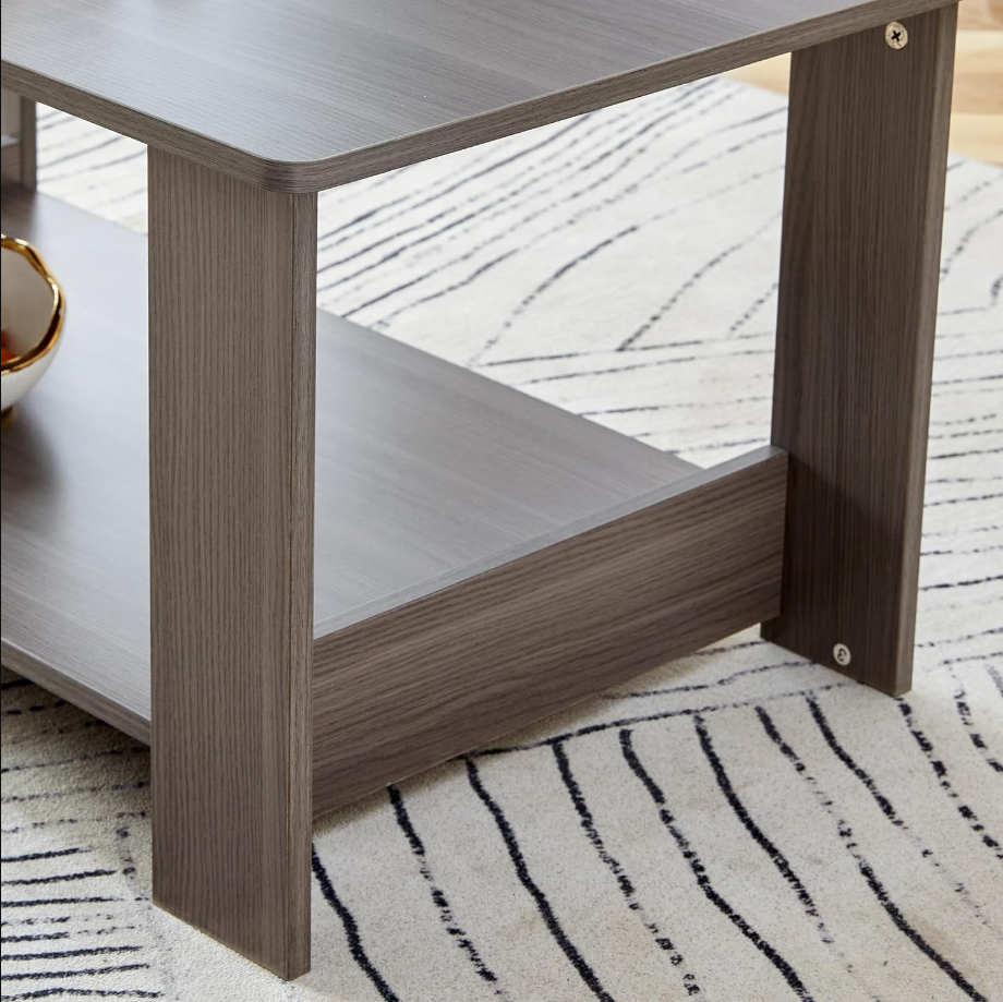 Modern Minimalist Gray Wood Grain Double Layered Rectangular Coffee Table, Tea Table with Storage Shelf, 2-Tier Sofa Side Table Coffee Table Living Room Furniture (Gray, 43.3'')