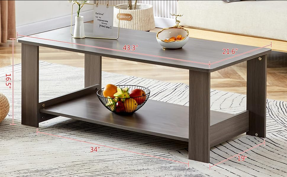 Modern Minimalist Gray Wood Grain Double Layered Rectangular Coffee Table, Tea Table with Storage Shelf, 2-Tier Sofa Side Table Coffee Table Living Room Furniture (Gray, 43.3'')