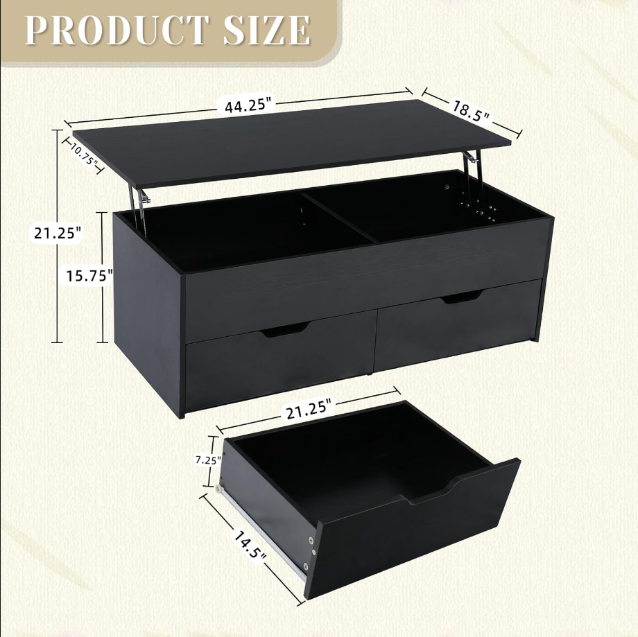 Lift Top Coffee Table for Living Room, Coffee Table Morden High Gloss Black 3 Tiers Modern Tea Table with Storage Center Tables Hidden Compartment & 2 Drawers