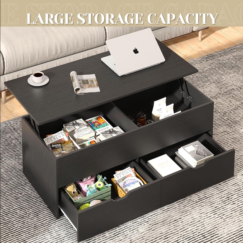 Lift Top Coffee Table for Living Room, Coffee Table Morden High Gloss Black 3 Tiers Modern Tea Table with Storage Center Tables Hidden Compartment & 2 Drawers