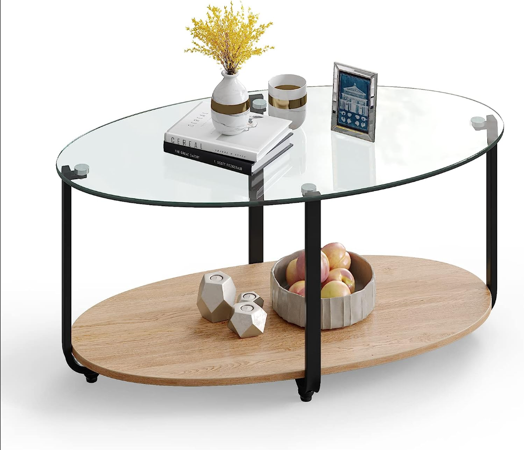 Glass Coffee Table, 2 Tier Oval Tea Table with Tempered Glass Tabletop and Wooden Shelf, Modern Glass Sofa Center Table for Home Office, Metal Legs, Home Decor Accent Cocktail Table