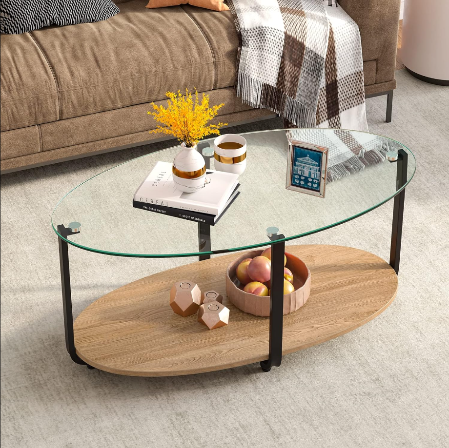 Glass Coffee Table, 2 Tier Oval Tea Table with Tempered Glass Tabletop and Wooden Shelf, Modern Glass Sofa Center Table for Home Office, Metal Legs, Home Decor Accent Cocktail Table
