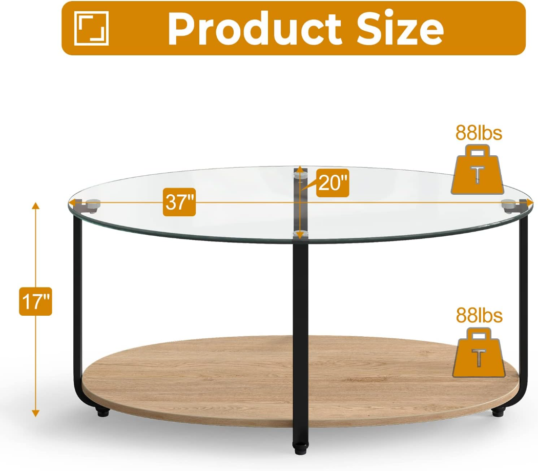 Glass Coffee Table, 2 Tier Oval Tea Table with Tempered Glass Tabletop and Wooden Shelf, Modern Glass Sofa Center Table for Home Office, Metal Legs, Home Decor Accent Cocktail Table