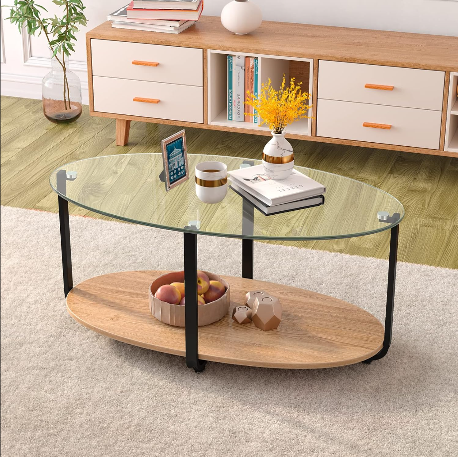 Glass Coffee Table, 2 Tier Oval Tea Table with Tempered Glass Tabletop and Wooden Shelf, Modern Glass Sofa Center Table for Home Office, Metal Legs, Home Decor Accent Cocktail Table