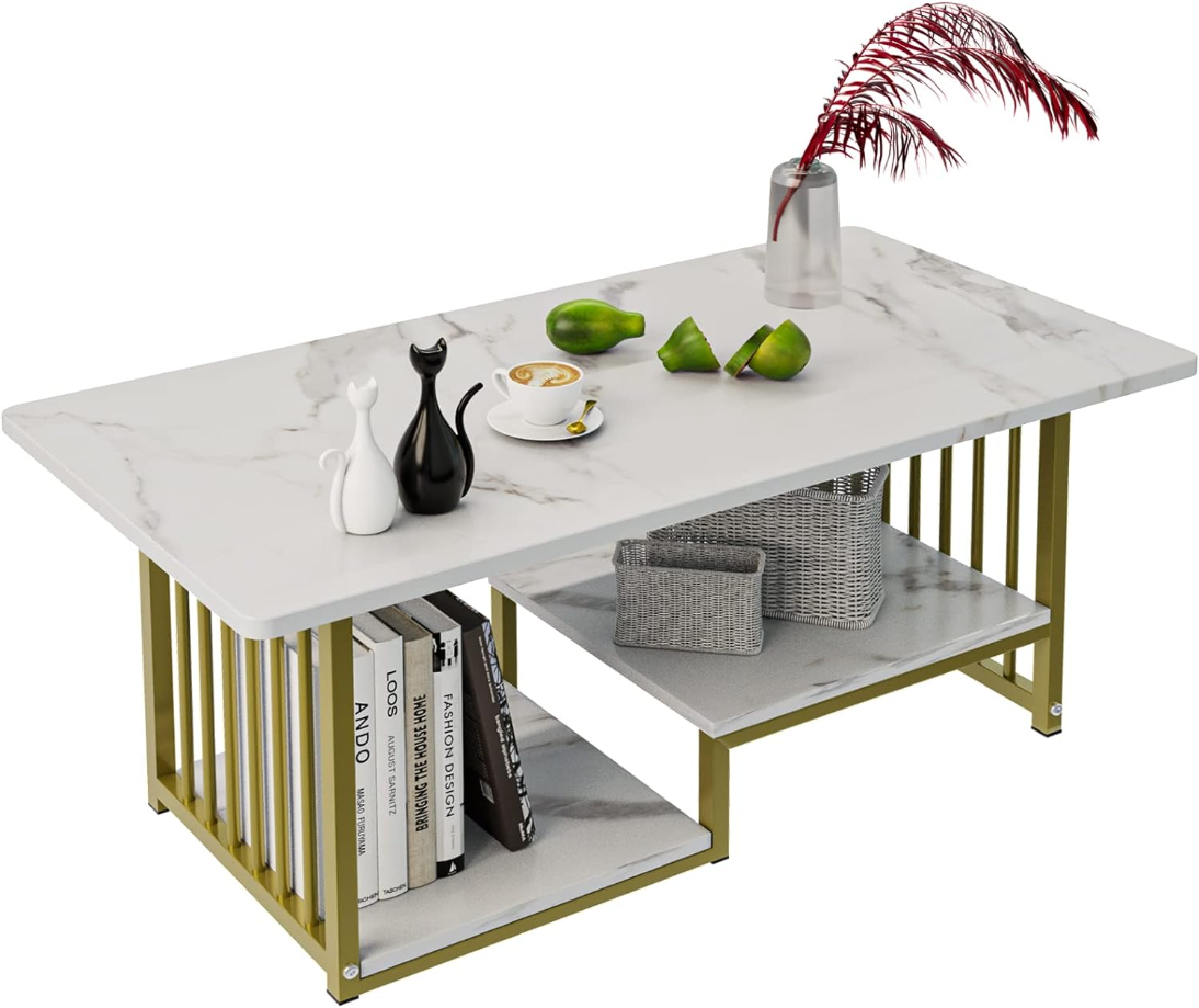 Coffee Table White Faux Marble 2-Tiers Large Rectangular Side End Table with Storage Shelf for Coffee Dinning Living Room Apartment Small Stand Modern Design Furniture Wooden for Couch