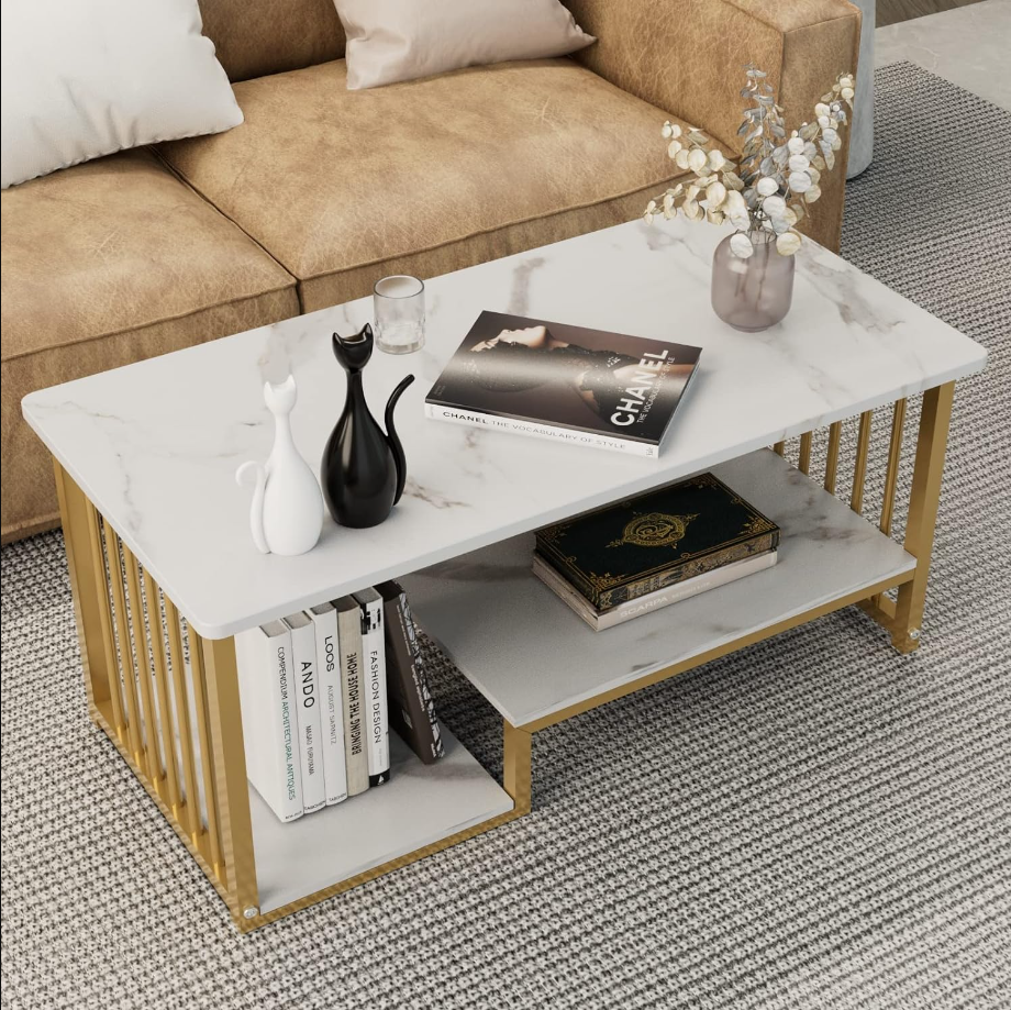 Coffee Table White Faux Marble 2-Tiers Large Rectangular Side End Table with Storage Shelf for Coffee Dinning Living Room Apartment Small Stand Modern Design Furniture Wooden for Couch