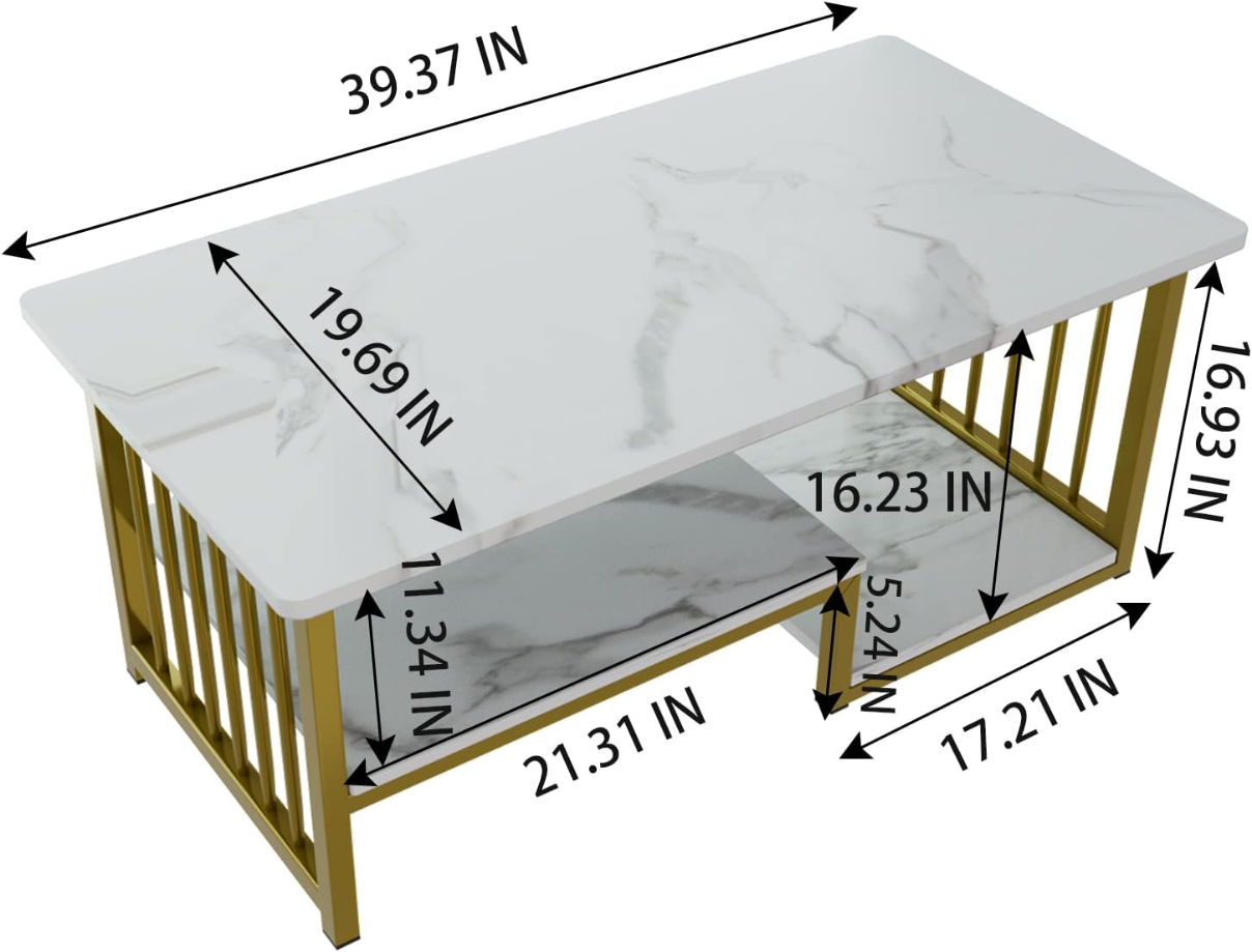 Coffee Table White Faux Marble 2-Tiers Large Rectangular Side End Table with Storage Shelf for Coffee Dinning Living Room Apartment Small Stand Modern Design Furniture Wooden for Couch