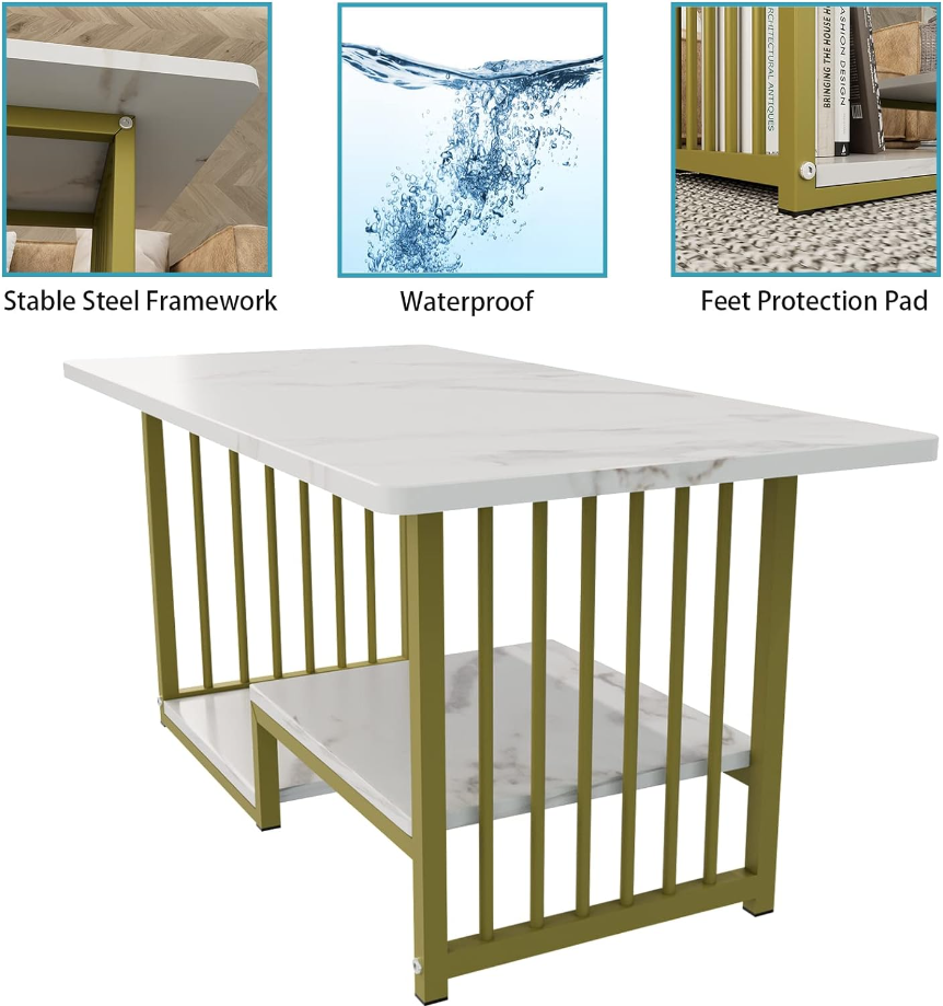 Coffee Table White Faux Marble 2-Tiers Large Rectangular Side End Table with Storage Shelf for Coffee Dinning Living Room Apartment Small Stand Modern Design Furniture Wooden for Couch