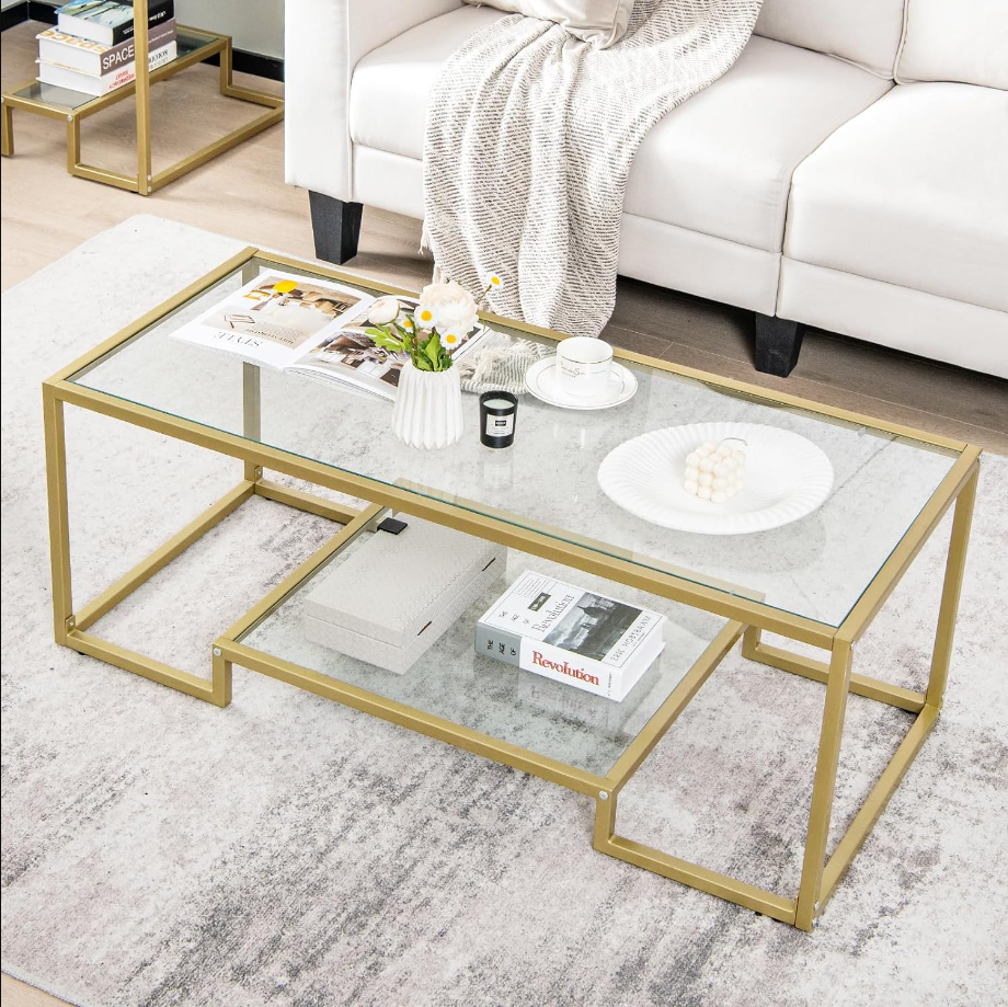 Modern Tempered Glass Coffee Table, 45” Wide Rectangle Center Tables w/ 2 Tier Storage Shelf, Metal Frame, Adjustable Foot Pads, Small Rectangular Tea Table for Living Room, Home, Office (Gold)