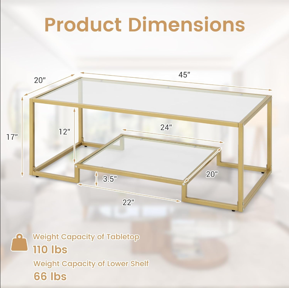 Modern Tempered Glass Coffee Table, 45” Wide Rectangle Center Tables w/ 2 Tier Storage Shelf, Metal Frame, Adjustable Foot Pads, Small Rectangular Tea Table for Living Room, Home, Office (Gold)