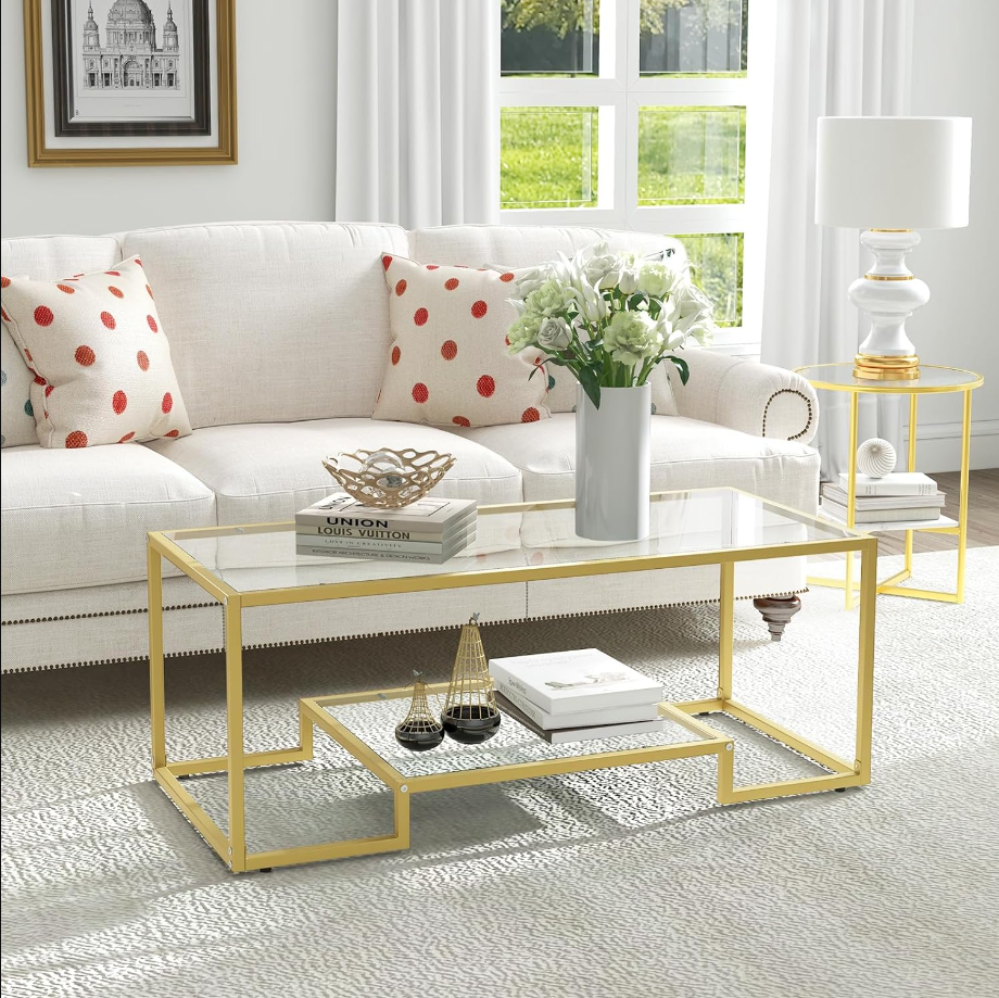 Modern Tempered Glass Coffee Table, 45” Wide Rectangle Center Tables w/ 2 Tier Storage Shelf, Metal Frame, Adjustable Foot Pads, Small Rectangular Tea Table for Living Room, Home, Office (Gold)