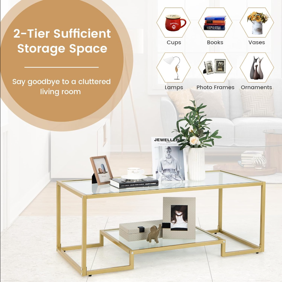 Modern Tempered Glass Coffee Table, 45” Wide Rectangle Center Tables w/ 2 Tier Storage Shelf, Metal Frame, Adjustable Foot Pads, Small Rectangular Tea Table for Living Room, Home, Office (Gold)