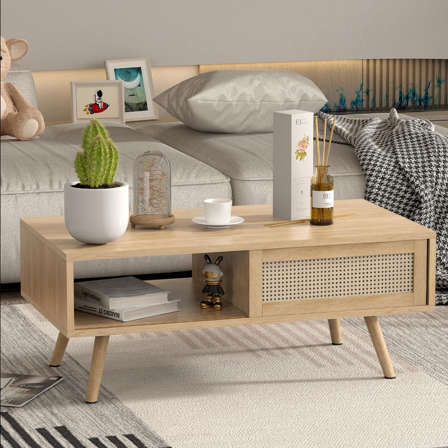 Rattan Coffee Table Mid Century Modern Coffee Table with Storage 41.3 Inch Wooden Accent Center Sofa Table with Sliding Woven Door Panel and Solid Wood Legs Perfect for Living Room