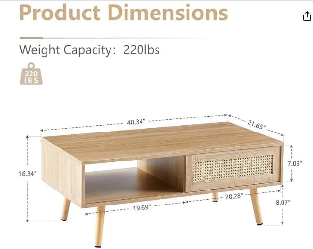 Rattan Coffee Table Mid Century Modern Coffee Table with Storage 41.3 Inch Wooden Accent Center Sofa Table with Sliding Woven Door Panel and Solid Wood Legs Perfect for Living Room