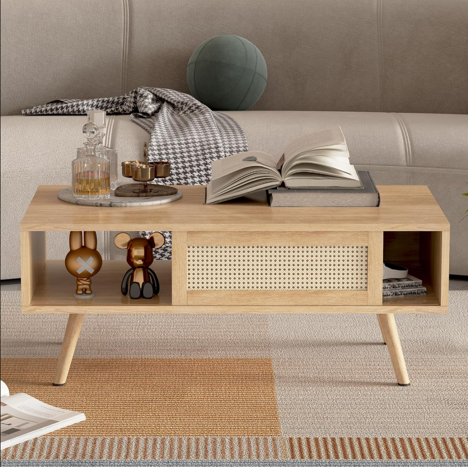 Rattan Coffee Table Mid Century Modern Coffee Table with Storage 41.3 Inch Wooden Accent Center Sofa Table with Sliding Woven Door Panel and Solid Wood Legs Perfect for Living Room