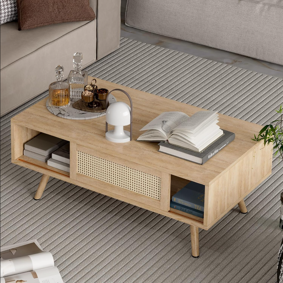Rattan Coffee Table Mid Century Modern Coffee Table with Storage 41.3 Inch Wooden Accent Center Sofa Table with Sliding Woven Door Panel and Solid Wood Legs Perfect for Living Room