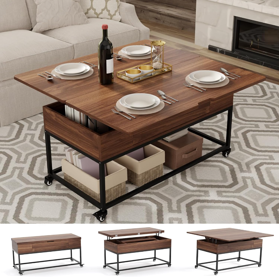 Lift Top Coffee Table, 3in1 Folding Rolling Coffee Table with Storage Drawer Push Opening, Metal Frame Wood Coffee Table for Living Room Tabletop Dining Table Reception Home,ApartmentOffice