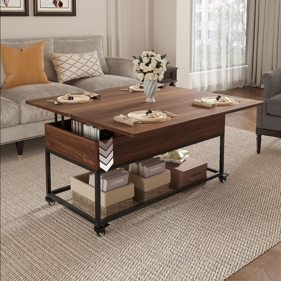 Lift Top Coffee Table, 3in1 Folding Rolling Coffee Table with Storage Drawer Push Opening, Metal Frame Wood Coffee Table for Living Room Tabletop Dining Table Reception Home,ApartmentOffice