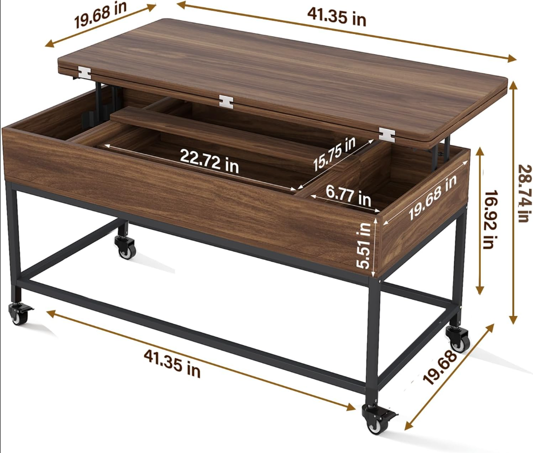 Lift Top Coffee Table, 3in1 Folding Rolling Coffee Table with Storage Drawer Push Opening, Metal Frame Wood Coffee Table for Living Room Tabletop Dining Table Reception Home,ApartmentOffice