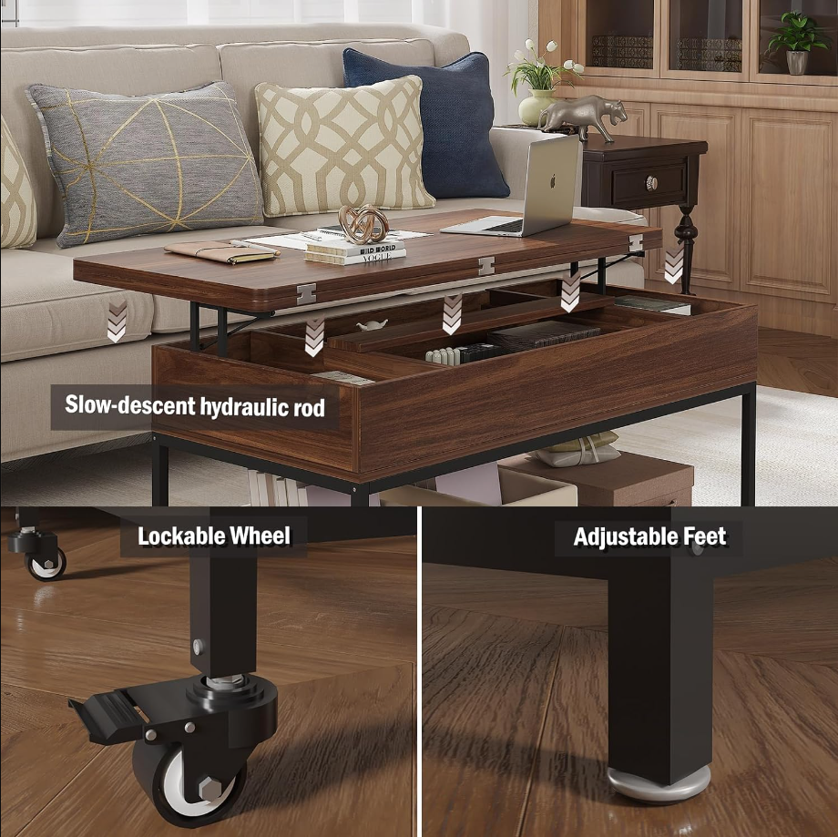 Lift Top Coffee Table, 3in1 Folding Rolling Coffee Table with Storage Drawer Push Opening, Metal Frame Wood Coffee Table for Living Room Tabletop Dining Table Reception Home,ApartmentOffice