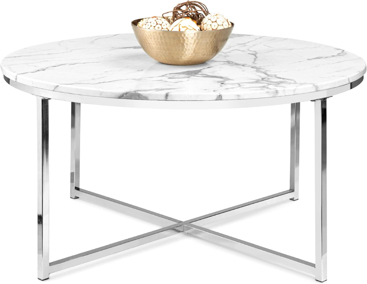 36in Faux Marble Accent Table, Modern, Large End Table Home Decor for Living Room, Dining Room, Tea, Coffee w/Metal Frame, Foot Caps, Designer - White/Chrome