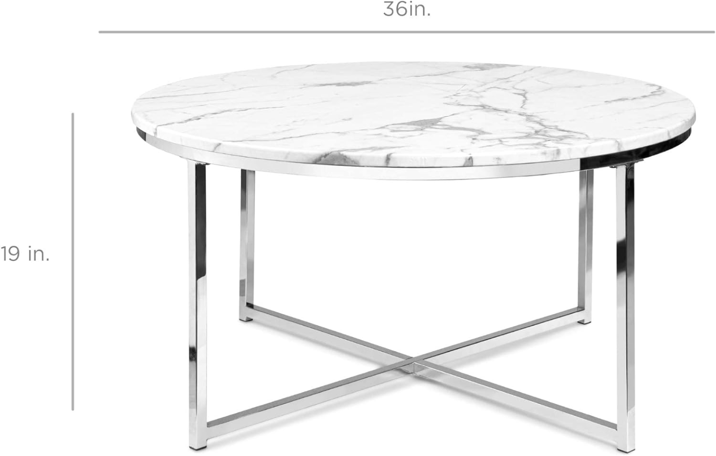 36in Faux Marble Accent Table, Modern, Large End Table Home Decor for Living Room, Dining Room, Tea, Coffee w/Metal Frame, Foot Caps, Designer - White/Chrome