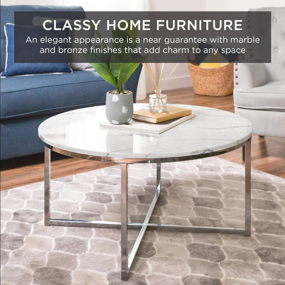 36in Faux Marble Accent Table, Modern, Large End Table Home Decor for Living Room, Dining Room, Tea, Coffee w/Metal Frame, Foot Caps, Designer - White/Chrome