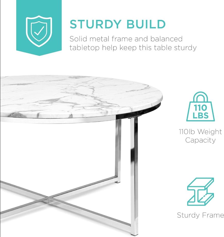 36in Faux Marble Accent Table, Modern, Large End Table Home Decor for Living Room, Dining Room, Tea, Coffee w/Metal Frame, Foot Caps, Designer - White/Chrome