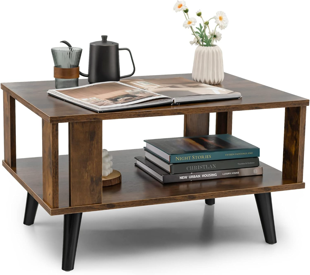 Small Wood Coffee Table, 2-Tier Tea Table w/Open Storage Shelf & Supportive Legs, Compact Rectangle Sofa Side Table, Easy Assembly, Mid-Century Center Table for Living Room, Reception Room