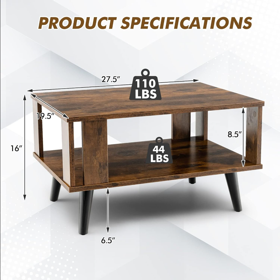 Small Wood Coffee Table, 2-Tier Tea Table w/Open Storage Shelf & Supportive Legs, Compact Rectangle Sofa Side Table, Easy Assembly, Mid-Century Center Table for Living Room, Reception Room