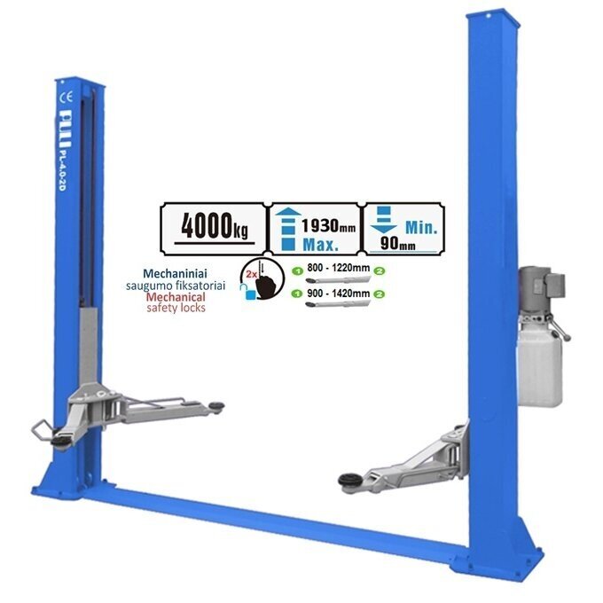 HIDRAULINIS DVIEJŲ KOLONŲ KELTUVAS SU MECHANINIAIS FIKSATORIAIS (SU PRAILG. LETENOMIS) 4T; 220V