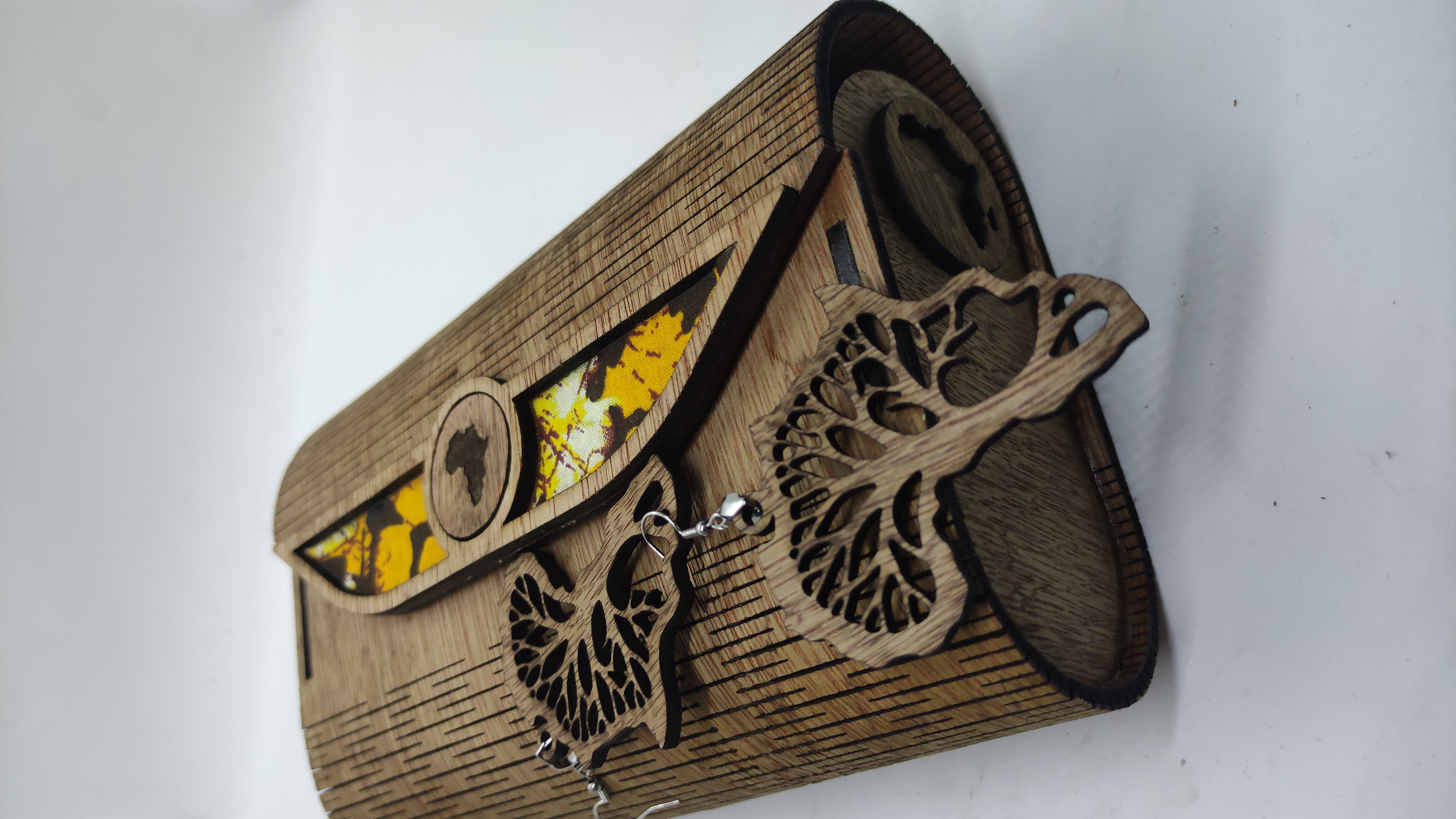 Wooden clutch Bag & Tree of Life Earrings  