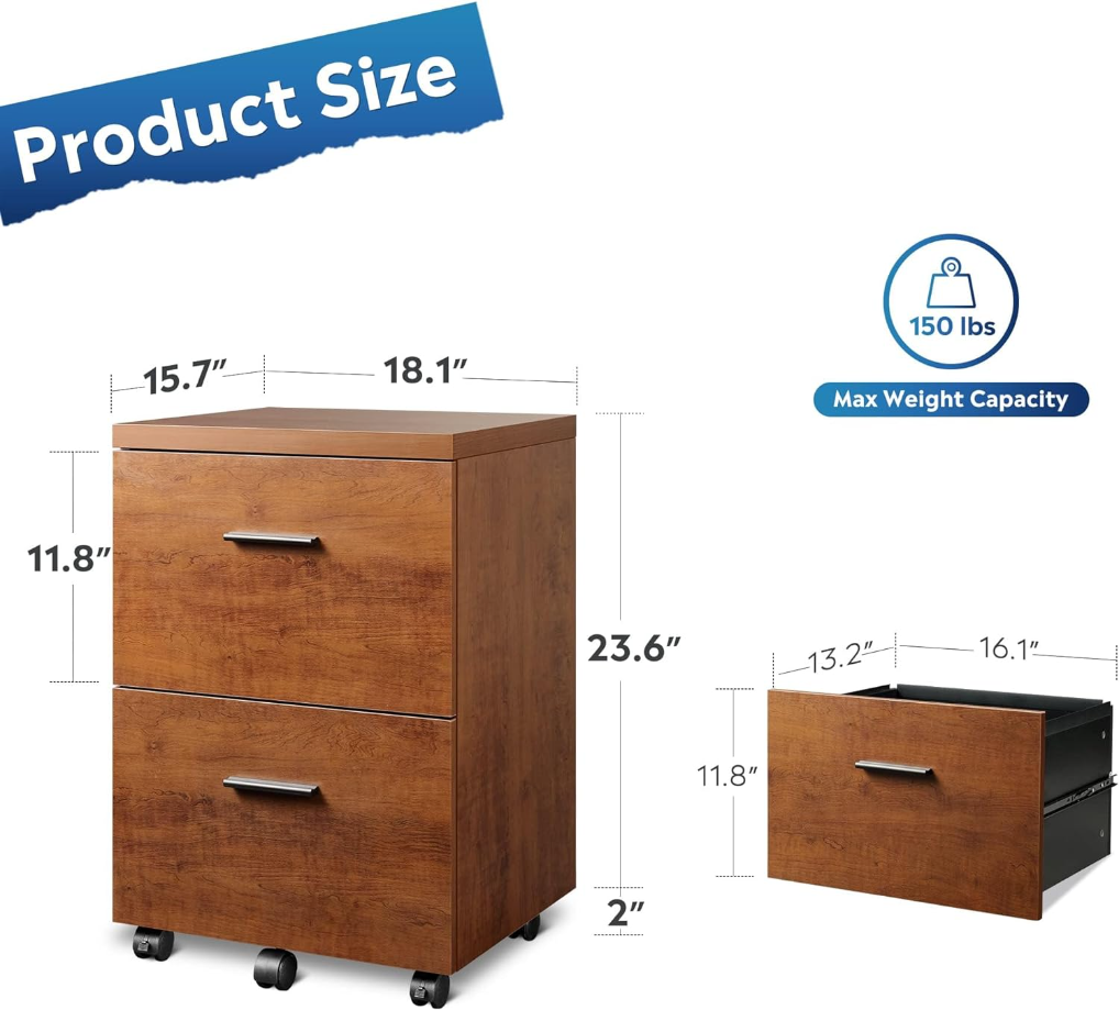 2 Drawer Wood File Cabinet, Mobile Lateral Filing Cabinet with Storage, Letter Legal Size, Walnut