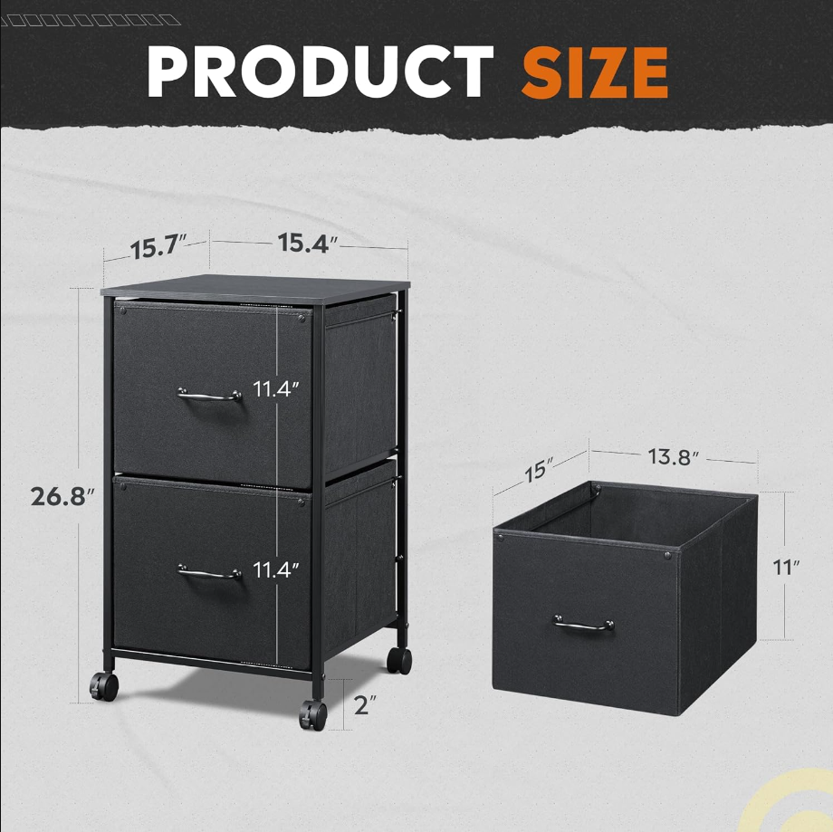 2 Drawer Mobile File Cabinet, Rolling Printer Stand, Fabric Vertical Filing Cabinet fits A4 or Letter Size for Home Office, Black