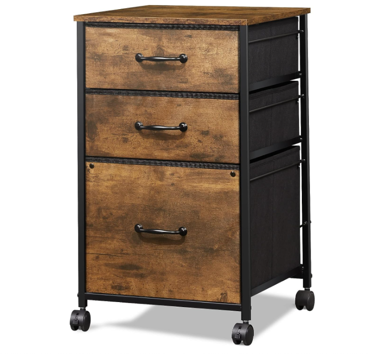 Mobile File Cabinet, Rolling Printer Stand with 3 Drawers, Fabric Vertical Filing Cabinet fits A4 or Letter Size for Home Office, Rustic Brown Wood Grain Print