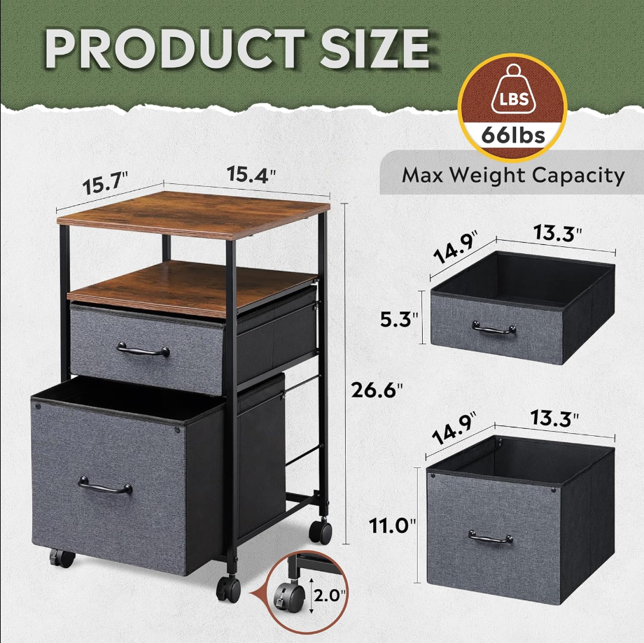 Mobile File Cabinet, Rolling Printer Stand with Open Storage Shelf, Fabric Vertical Filing Cabinet fits A4 or Letter Size for Home Office, Rustic Brown