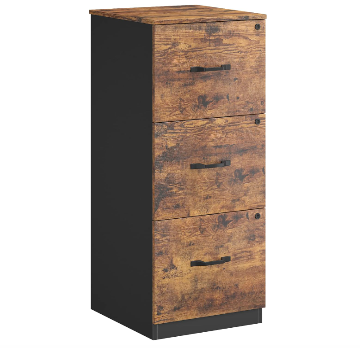 Filing Cabinet for Home Drawer and Wheels, Office Furniture,Suspended Folder, A4 and Letter Sized Documents, Rustic Brown + Black