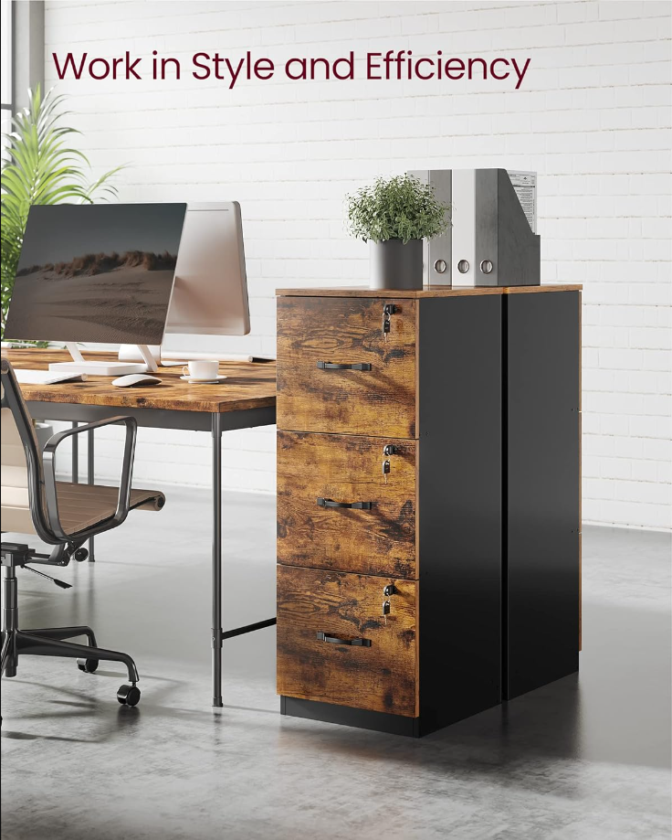 Filing Cabinet for Home Drawer and Wheels, Office Furniture,Suspended Folder, A4 and Letter Sized Documents, Rustic Brown + Black
