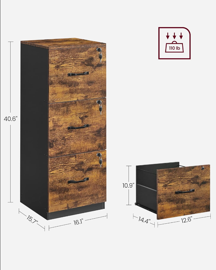 Filing Cabinet for Home Drawer and Wheels, Office Furniture,Suspended Folder, A4 and Letter Sized Documents, Rustic Brown + Black