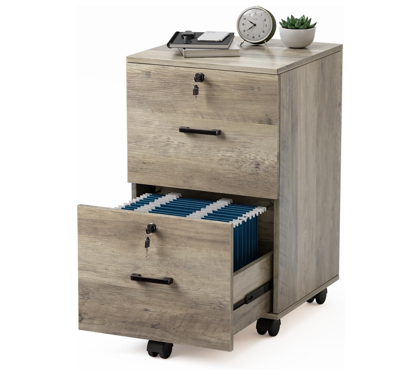 2 Drawer File Cabinet with Lock, Wood Rustic Gray File Cabinet for Letter Size File Folders with Tabs, Under Desk Rolling File Cabinets for Home Office, Mobile Filing Cabinet Printer Stand