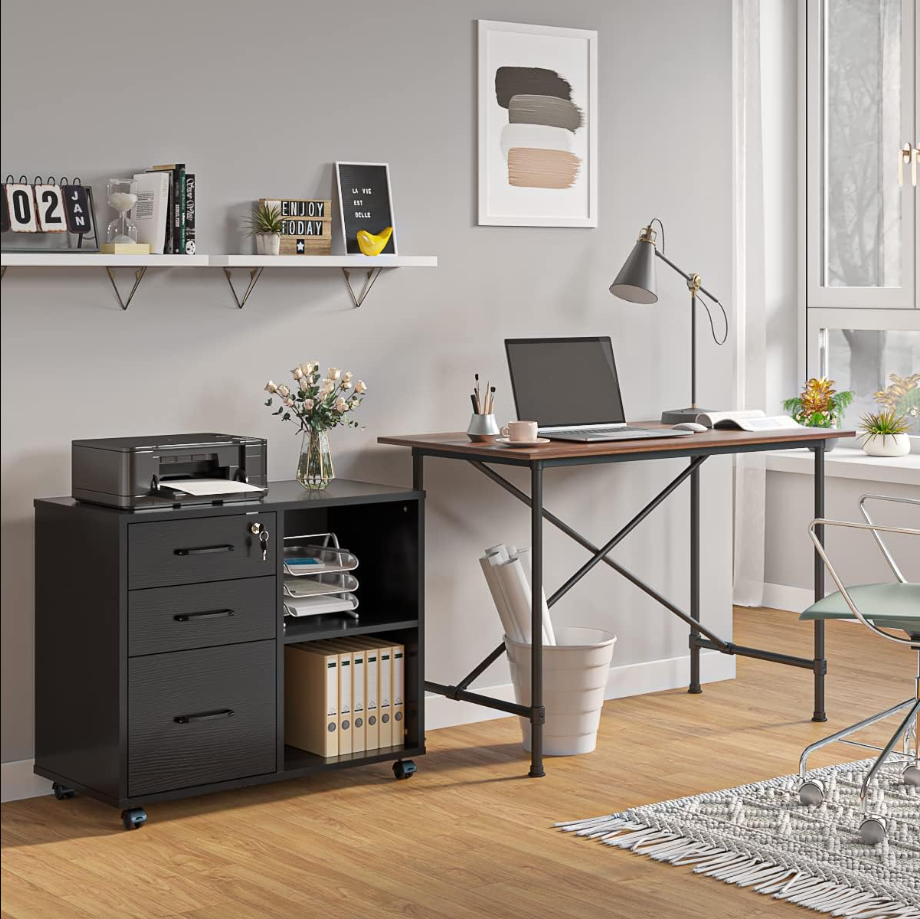 3 Drawer Office File Cabinets, Mobile Lateral Printer Stand with Open Storage Shelf, Rolling Filing Cabinet with Wheels Home Office Organization and Storage (Black)