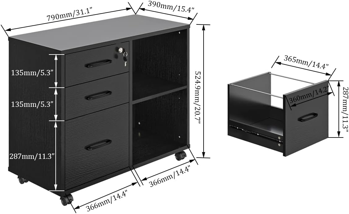 3 Drawer Office File Cabinets, Mobile Lateral Printer Stand with Open Storage Shelf, Rolling Filing Cabinet with Wheels Home Office Organization and Storage (Black)